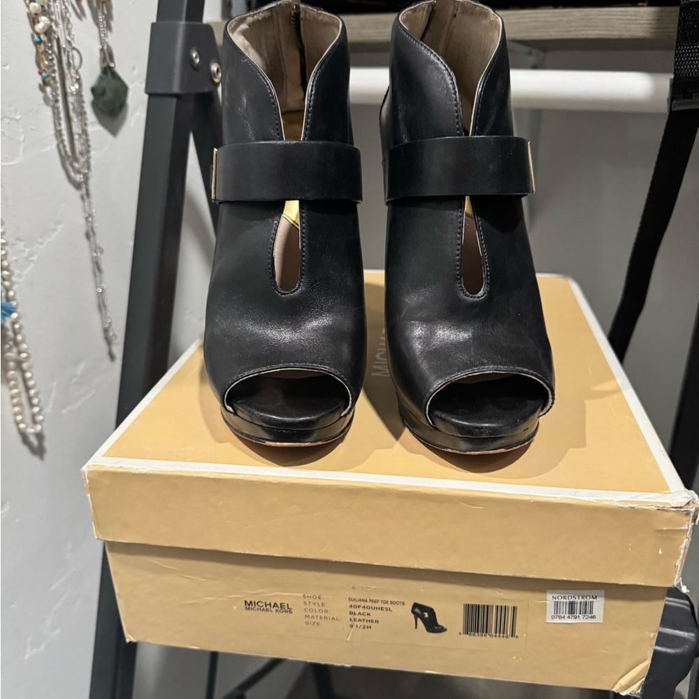 Michael Kors Black Peep Toe Heeled Boots with Strap